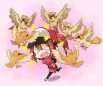  &gt;_&lt; arm_up attack baseball_cap beak belt bird black_gloves blush breasts chibi closed_eyes covering_head cropped_jacket female_protagonist_(pokemon_go) fingerless_gloves flying full_body gen_1_pokemon gloves hana_azuki hands_on_own_head hat hits medium_breasts open_mouth pidgey pink_background pokemon pokemon_(creature) pokemon_go ponytail running simple_background talons wince 