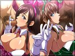  2girls black_hair breasts brown_hair bunny_suit censored dead_or_alive hitomi_(doa) kokoro_(doa) large_breasts long_hair penis raburebo translation_request 