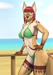  2016 5_fingers anthro beach bikini black_nose blue_sky breasts canine cayo claws cleavage clothed clothing cloud coyote day detailed_background digital_media_(artwork) ear_piercing female front_view fur green_eyes hair hand_on_hip industrial_piercing looking_at_viewer malani_(cayo) mammal multicolored_fur outside piercing portrait pose red_hair sand sea seaside signature sky smile solo standing swimsuit tan_fur three-quarter_portrait tribal_markings two_tone_fur water white_fur 