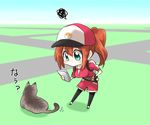  animal baseball_cap belt brown_hair cat cellphone chibi cropped_jacket female_protagonist_(pokemon_go) full_body green_eyes hana_azuki hand_on_hip hat holding holding_phone leggings looking_down phone poke_ball pokemon pokemon_go ponytail smartphone squiggle standing 