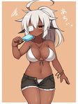  ahoge animal_ears bangle bikini blush bracelet breasts brown_eyes cleavage cutoffs dark_skin eyepatch food front-tie_bikini front-tie_top grey_hair haniwagi_(hal) jewelry large_breasts medical_eyepatch navel necklace open_fly original ponytail popsicle short_shorts shorts simple_background solo sweat swimsuit white_bikini 