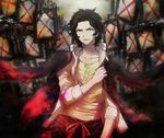  alternate_hairstyle blood brown_eyes brown_hair danganronpa danganronpa_1 facial_hair hagakure_yasuhiro iei jacket_on_shoulders male_focus mm-mb pink_blood prototype solo stubble 