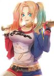  ailejne baseball_bat batman_(series) belt blonde_hair blue_eyes breasts dc_comics harley_quinn jacket jewelry large_breasts lips lipstick long_hair makeup multicolored multicolored_clothes multicolored_hair multicolored_jacket multicolored_shorts pantyhose shorts smile solo suicide_squad twintails 