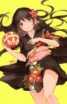  artist_name ball black_hair black_kimono blush eyebrows eyebrows_visible_through_hair floral_print flower hair_down hair_flower hair_ornament haiyun hand_on_own_chest highres japanese_clothes kimono long_hair looking_at_viewer love_live! love_live!_school_idol_project obi parted_lips sash short_kimono simple_background solo temari_ball yazawa_nico yellow_background 