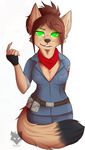  2016 anthro bandanna beckoning belt bioluminescence black_fur breasts brown_fur brown_hair canine cleavage clothed clothing female fox fur glowing glowing_eyes green_eyes hair hecatesaur looking_at_viewer mammal portrait simple_background solo standing three-quarter_portrait uniform white_background 