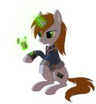  brown_hair clothing cutie_mark equine eyelashes fallout_equestria fan_character female feral fur green_eyes grey_fur hair hioshiru hooves horn littlepip magic mammal my_little_pony simple_background smile solo unicorn 