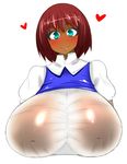  aqua_eyes areolae blue_eyes blush breasts collared_shirt covered_nipples dark_skin eyebrows eyelashes heart highres huge_breasts inverted_nipples large_areolae looking_at_viewer original red_hair see-through shirt short_hair smile solo tensai427 thick_eyebrows wet wet_clothes wet_shirt 
