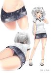  alternate_costume ama_mitsuki ass bag blue_skirt breasts commentary contrapposto dated denim denim_skirt high_heels kantai_collection kashima_(kantai_collection) legs lying medium_breasts microskirt multiple_views navel on_stomach open_mouth open_toe_shoes panties pinstripe_pattern sandals shoes silver_eyes silver_hair skirt skirt_lift strappy_heels striped teeth thighs torn_clothes torn_skirt twintails underwear vertical-striped_panties vertical_stripes 