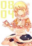  :&gt; atoki blonde_hair cat's_cradle date_pun green_eyes highres japanese_clothes mizuhashi_parsee number_pun pointy_ears scarf seiza sitting solo touhou translated 