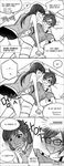  bed blush comic commentary d.va_(overwatch) eighth_note full-face_blush girl_on_top glasses greyscale highres hooreng korean korean_commentary midriff monochrome multiple_girls musical_note navel overwatch pillow short_hair spoken_musical_note sweat tracer_(overwatch) translation_request yuri 
