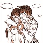  arm_around_neck blush comforting commentary_request crying d.va_(overwatch) gloves hooreng hug monochrome multiple_girls open_mouth overwatch short_hair tracer_(overwatch) 