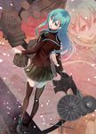  aqua_eyes aqua_hair ascot back blazer brown_legwear cannon hair_ornament hairclip jacket kantai_collection long_hair looking_back machinery meet pleated_skirt skirt smile solo suzuya_(kantai_collection) thighhighs turret zettai_ryouiki 