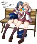  2girls 7001 :d ^_^ bag bench black_hairband blonde_hair blue_hair cellphone closed_eyes dated fang furutani_himawari hair_ornament hairband hairclip handbag loafers multiple_girls nanamori_school_uniform oomuro_sakurako open_mouth phone school_bag school_uniform serafuku shoes sitting smile white_background yuru_yuri 