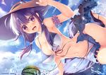  :d bare_shoulders bikini black_hair blush bow breasts brown_eyes cleavage cloud day eyebrows eyebrows_visible_through_hair food fruit hand_on_headwear hat kantai_collection large_breasts looking_at_viewer navel obiwan open_mouth outdoors ribbon sarong shoes sky smile solo sparkle sun_hat swimsuit taigei_(kantai_collection) water watermelon white_bikini 