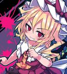  ascot bad_id bad_pixiv_id beni_shake blonde_hair bow clenched_teeth empty_eyes evil_grin evil_smile flandre_scarlet grin hat hat_bow laevatein mob_cap red_eyes side_ponytail smile solo teeth touhou 