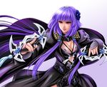  \m/ bangs black_dress blue_nails breasts cape cleavage commentary_request dress flower hair_flower hair_ornament large_breasts lie_mei_(thunderbolt_fantasy) long_hair looking_at_viewer nail_polish parted_lips pink_eyes purple_hair sca_jam solo standing thunderbolt_fantasy twintails weapon 