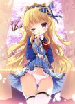  ;) blonde_hair blue_skirt cagliostro_(granblue_fantasy) cherry_blossoms eyebrows eyebrows_visible_through_hair finger_to_mouth granblue_fantasy hair_ribbon hairband index_finger_raised long_hair looking_at_viewer natsuki_yuu_(amemizu) one_eye_closed panties petals pink_panties plaid plaid_skirt purple_eyes ribbon skirt skirt_lift smile solo thighhighs underwear white_legwear 