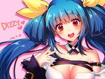  2016 :d bare_shoulders blue_hair blush breasts character_name cleavage dated detached_collar dizzy eyebrows eyebrows_visible_through_hair fujisaki_(hjsk) guilty_gear guilty_gear_xrd hair_ribbon large_breasts long_hair looking_at_viewer open_mouth pink_background red_eyes ribbon smile solo twintails yellow_ribbon 