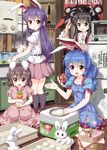  animal_ears black_eyes black_hair blue_hair brown_hair bunny bunny_ears cameo cooking doraemon_(character) extra_ears food highres houraisan_kaguya inaba inaba_tewi kawaii_cook-san kumamon mochi mochitsuki multiple_girls open_mouth purple_hair red_eyes refrigerator reisen_udongein_inaba rice_cake_machine ruu_(tksymkw) seiran_(touhou) soy_sauce touhou wagashi water_heater 