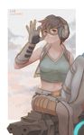  alternate_costume breasts brown_eyes brown_gloves brown_hair cloud cloudy_sky collarbone copyright_name crop_top d.va_(overwatch) dirty_clothes dirty_face gloves goggles grease grin hand_on_goggles headphones highres leg_up looking_at_viewer medium_breasts meka_(overwatch) midriff mizu_(dl7613) navel outdoors overwatch pants scavenger_d.va shirt short_hair sitting sitting_on_object sky sleeveless sleeveless_shirt smile solo v-neck vest 