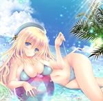  atago_(kantai_collection) ball beach beachball beret bikini blonde_hair blue_eyes breasts cleavage cloud day dutch_angle hat kantai_collection large_breasts long_hair lying ocean on_side oreiro outdoors palm_tree smile solo starfish swimsuit tree untied untied_bikini water 