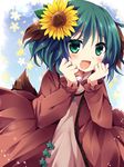  animal_ears blush dog_ears fang flower green_eyes green_hair hair_flower hair_ornament hands_over_mouth kasodani_kyouko open_mouth solo sunflower touhou uguisu_mochi_(ykss35) 