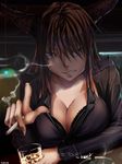  2016 alternate_breast_size alternate_costume black_bra black_jacket bra breasts brown_eyes brown_hair ceiling_light character_name cigarette cleavage clenched_teeth close-up collarbone dated eru-sennin fang fingernails highres holding holding_cigarette horns ibuki_suika ice ice_cube iced_tea jacket large_breasts long_fingernails long_hair long_sleeves looking_to_the_side older oni parted_lips pink_lips smoke solo teeth touhou underwear upper_body 