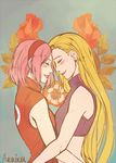  2girls arms blonde_hair blush embrace eyes_closed female forehead hairband haruno_sakura lips lipstick long_hair multiple_girls naruto naruto:_the_last pink_hair sakura_haruno short_hair shoulders very_long_hair yamanaka_ino yuri 