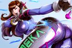  aiming artist_name ass bent_over blue_background bodysuit breasts brown_eyes brown_hair charm_(object) clothes_writing covered_nipples d.va_(overwatch) facepaint from_above from_behind gun headgear holding holding_gun holding_weapon large_breasts long_hair looking_back mr_h.l. one_eye_closed outstretched_arm overwatch pink_lips simple_background skin_tight solo standing weapon 