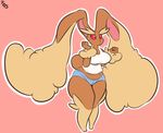  big_breasts breasts cleavage clothed clothing female immortalstar lopunny nintendo pink_background pok&eacute;mon pok&eacute;morph red_eyes simple_background solo thick_thighs video_games 