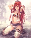  :p arms_up bikini breasts brown_eyes cleavage granblue_fantasy hair_ornament henriette_(shingeki_no_bahamut) highres kneeling medium_breasts navel official_art outdoors partially_submerged red_hair shingeki_no_bahamut sidelocks single_thighhigh solo striped swimsuit tachikawa_mushimaro thigh_strap thighhighs tongue tongue_out vertical-striped_bikini vertical_stripes white_bikini white_legwear wristband 