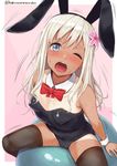  ;o animal_ears arms_at_sides ball bare_arms bare_shoulders black_legwear black_leotard blonde_hair blue_eyes blush bow bowtie breasts bunny_ears bunny_girl bunnysuit cameltoe collarbone detached_collar fake_animal_ears from_above hairband kantai_collection kurowan leotard long_hair looking_at_viewer looking_up motion_lines one-piece_tan one_eye_closed open_mouth pink_background red_bow red_neckwear ro-500_(kantai_collection) simple_background sitting small_breasts solo strapless strapless_leotard sweatdrop tan tanline thighhighs twitter_username wrist_cuffs 