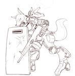  anthro armor basketgardevoir female gnoll jet_pack machine mammal monochrome power_armor ranged_weapon shield simple_background sketch solo weapon white_background 