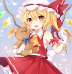  adapted_costume ascot bare_shoulders blonde_hair blush bubble fangs flandre_scarlet gloves highres open_mouth paragasu_(parags112) red_eyes side_ponytail sleeveless solo stuffed_animal stuffed_toy teddy_bear touhou wings 