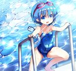 blue_eyes blue_hair cirno competition_school_swimsuit goggles goggles_on_head hakkotsu_shitai ice ice_wings one-piece_swimsuit pointy_ears pool_ladder poolside school_swimsuit short_hair solo swimsuit touhou water wet wet_clothes wet_swimsuit wings 