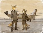  aircraft anthro canine clothed clothing diesel_wiesel duo female fennec fox gloves hands_behind_back hat male mammal outside postcard smile standing volcanins 