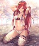  :p arms_up bikini bow breasts brown_eyes cleavage granblue_fantasy hair_ornament henriette_(shingeki_no_bahamut) highres kneeling long_hair medium_breasts navel official_art outdoors partially_submerged plant red_bow red_hair see-through shingeki_no_bahamut shirt sidelocks single_thighhigh smile solo stomach striped swimsuit tachikawa_mushimaro thigh_strap thighhighs tongue tongue_out tree vertical-striped_bikini vertical_stripes very_long_hair wet wet_clothes wet_shirt white_bikini white_legwear wristband 