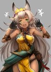  :d animal_ears bare_shoulders black_gloves bracelet breasts dark_skin erune gloves granblue_fantasy green_eyes grey_background highres jewelry large_breasts long_hair looking_at_viewer luse_maonang nemone open_mouth silver_hair simple_background smile solo 