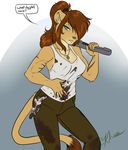  2012 anthro bare_shoulders breasts brown_hair clothing feline female hair hair_over_eye kathy-lu lion looking_at_viewer mammal ponytail shirt solo speech_bubble tomboy 