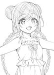  :d bad_id bad_twitter_id blush braid collarbone double_bun dress eyebrows eyebrows_visible_through_hair frilled_dress frills gan_(shanimuni) greyscale highres hinata_matsuri long_hair mahou_shoujo_madoka_magica mahou_shoujo_suzune_magica monochrome official_art open_mouth outstretched_arms sketch sleeveless sleeveless_dress smile solo sundress twin_braids upper_body very_long_hair 