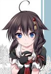 ahoge bangs black_serafuku blue_eyes braid brown_hair eyebrows_visible_through_hair fingerless_gloves flower gloves hair_between_eyes hair_flaps hair_ornament hair_over_shoulder hair_ribbon hand_on_own_chest hikobae kantai_collection leaf light_smile looking_at_viewer neckerchief partially_colored red_neckwear remodel_(kantai_collection) ribbon school_uniform serafuku shigure_(kantai_collection) short_sleeves single_braid solo upper_body 