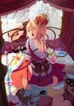  ascot bare_back bed blonde_hair blood book bottle crown crystal cup curtains drinking_glass flandre_scarlet igakusei laevatein long_hair red_eyes side_ponytail sitting socks_removed solo spill stuffed_animal stuffed_toy teddy_bear touhou wariza wine_bottle wine_glass wings 