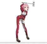  full_body gloves hair_ornament holding holding_weapon leaning_forward lisbeth looking_at_viewer official_art pink_hair red_eyes short_hair simple_background smile solo sword_art_online sword_art_online:_code_register watermark weapon white_background white_gloves 