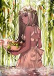  artist_name breasts brown_eyes brown_hair dark_skin day dress from_behind hat hat_basket hat_removed head_wreath headwear_removed highres leaf long_hair looking_at_viewer medium_breasts mika_pikazo original outdoors smile solo sun_hat sundress wading water white_dress 