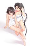  2girls arm_at_side bad_id bad_pixiv_id bangs barefoot bath black_eyes black_hair bob_cut breasts closed_mouth collaboration collaboration_request collarbone covering crying dated eyebrows eyebrows_visible_through_hair feet full_body goyain haguro_(kantai_collection) hair_between_eyes hand_on_another's_thigh hand_on_own_head highres holding holding_towel kantai_collection long_hair looking_at_viewer medium_breasts multiple_girls nachi_(kantai_collection) naked_towel nude_cover short_hair side_ponytail simple_background sitting towel twitter_username very_long_hair white_background 