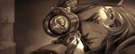  absurdres ana_(overwatch) artist_request face facial_tattoo gun hat highres huge_filesize lips monochrome multiple_girls official_art one_eye_closed overwatch reflection rifle sepia sniper_rifle solo_focus tattoo weapon widowmaker_(overwatch) younger 