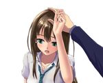  blush brown_hair earrings from_above green_eyes idolmaster idolmaster_cinderella_girls jewelry long_hair looking_away majrise necklace necktie petting pov school_uniform shibuya_rin simple_background solo_focus 