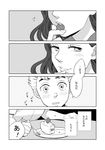  1girl cake comic food food_on_face fork fruit greyscale hirose_kouichi jojo_no_kimyou_na_bouken long_hair mikey_uo monochrome plate smile strawberry strawberry_shortcake sweatdrop translated wavy_hair yamagishi_yukako 