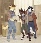  anthro caprine clothed clothing diesel_wiesel eyewear fur glasses goat group horn inside male mammal mustelid otter overalls smile standing 