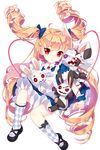  alice_(soccer_spirits) blonde_hair drill_hair full_body heart highres long_hair looking_at_viewer mary_janes non-web_source red_eyes red_ribbon ribbon shirahane_nao shoes soccer_spirits socks solo stitches stuffed_animal stuffed_bunny stuffed_toy transparent_background twin_drills 